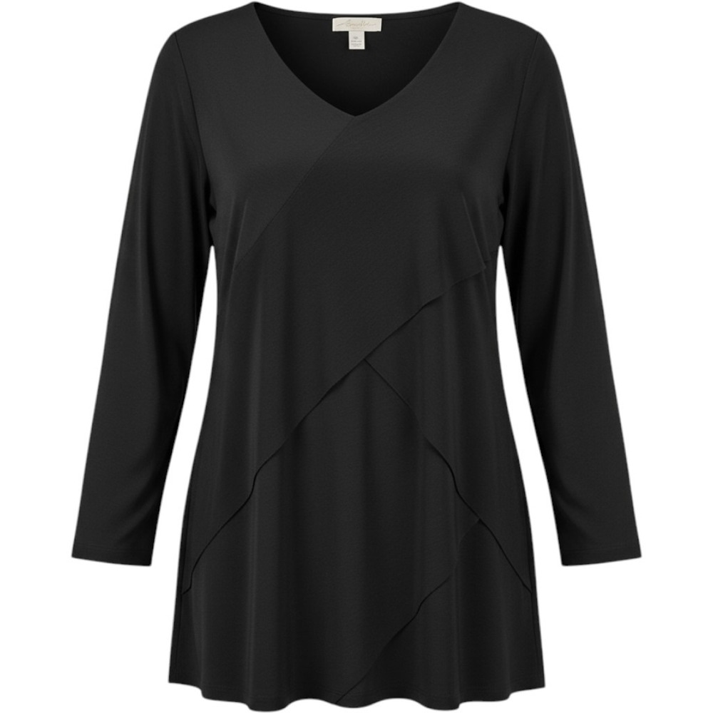 Travelers by Chicos Black Asymmetrical Layered V-Neck Tunic Top Size 0 Small